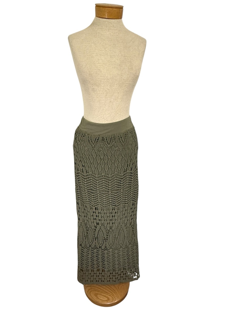 Chico's Crochet Maxi Skirt Size 1 Medium Green Boho Lace Lined Knit Long